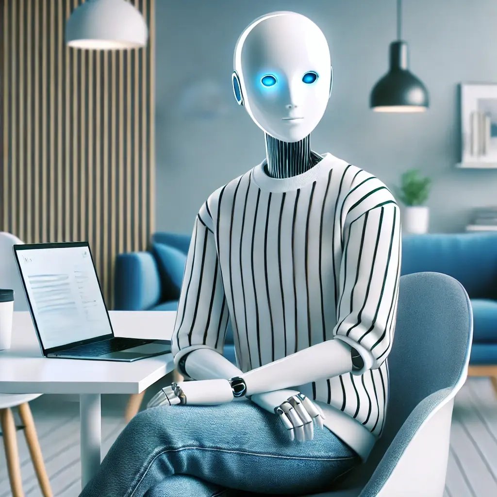 DALL·E 2024-11-12 14.50.00 - A modern, stylish AI assistant designed as a digital notetaker, wearing trendy, casual clothes, sitting with a laptop. The assistant has a sleek and f-2